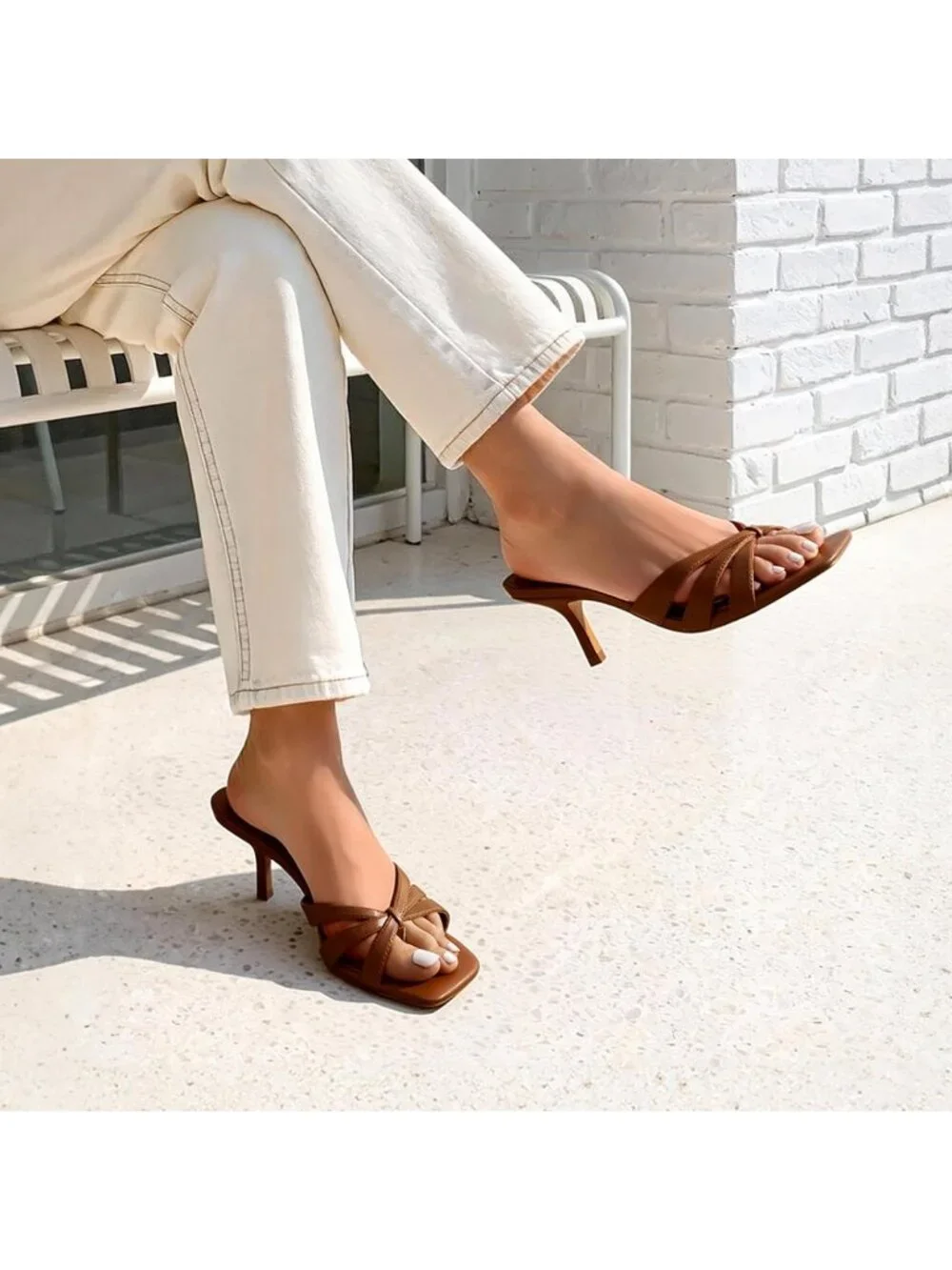 Women's Brown Faux Leather Square Open Toe Thong Mules Strappy Kitten Heels